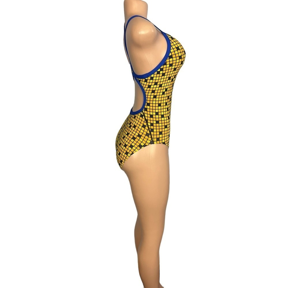 TYR Swimsuit One Piece Block Squares Yellow Black Open Back - Picture 7 of 13
